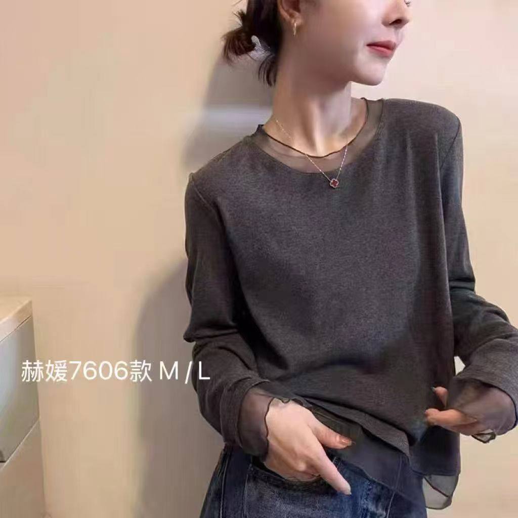 欧货网纱拼接磨毛加厚打底衫