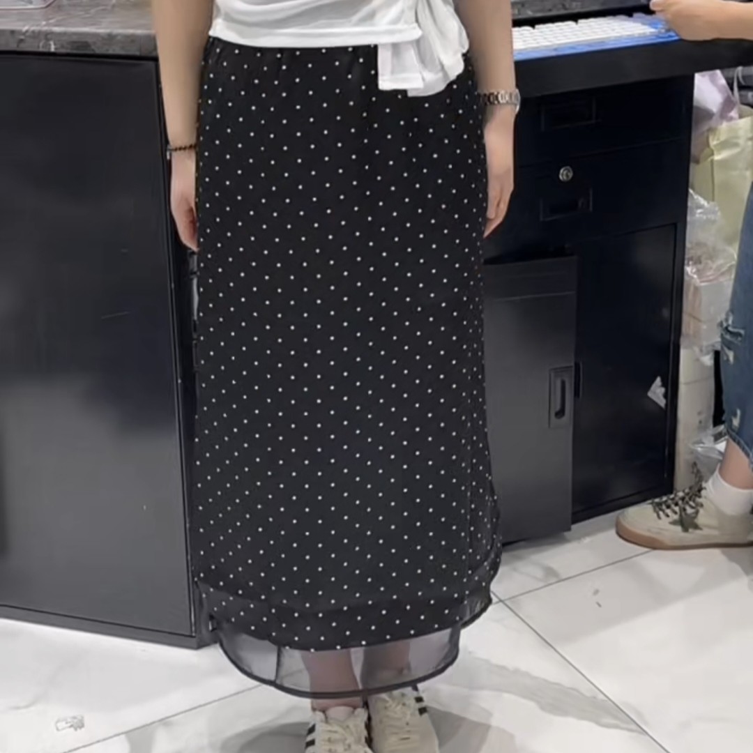 2026夏季新款波点A字半身裙女高腰网纱拼接开叉中长裙子通勤气质