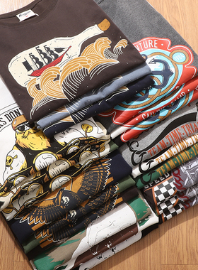 ODM公司订单！外贸男装趣味印花纯棉磨毛水洗短袖T恤男休闲半袖衫