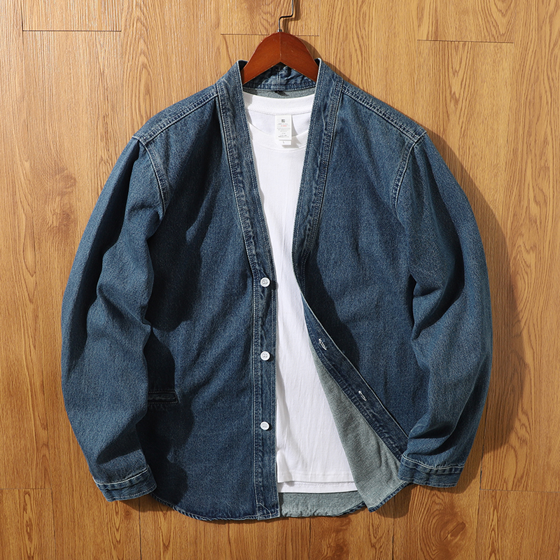 日本山系原宿风 男装尾货全棉水洗复古V领休闲牛仔道袍夹克外套