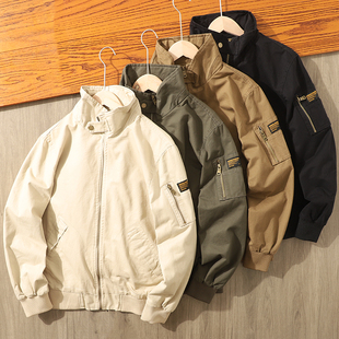 硬汉复古风!外贸男装宽松飞行员夹克男全棉宽松立领工装休闲外套