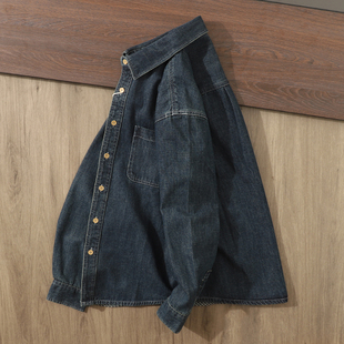 衬衫 翻领长袖 外套 复古街头潮牌重磅水洗做旧宽松深蓝休闲工装 美式