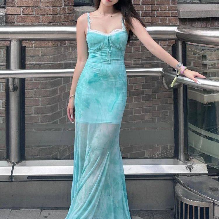 法式浅绿色印花网纱吊带连衣裙女夏海边度假纯欲性感鱼尾包臀长裙
