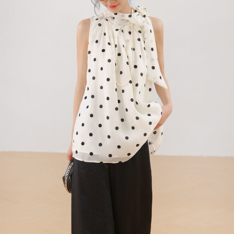 2025法式赫本风优雅黑白波点衬衫上衣女法式复古蝴蝶结女士衬衣