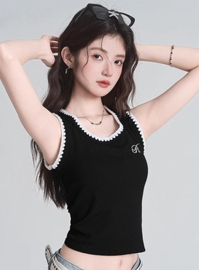 黑色镂空蕾丝拼接吊带背心女2025夏季新款刺绣设计感辣妹修身上衣