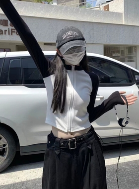 260克莫代尔辣妹立领拉链开衫长袖T恤女秋季修身显瘦撞色短款上衣