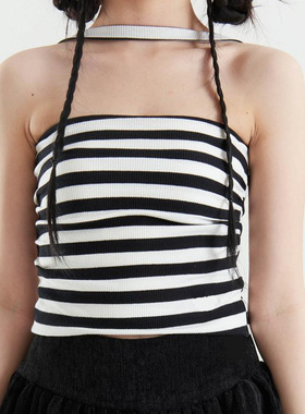 2025条纹挂脖吊带小背心女内搭夏季新款法式无袖打底短款露背上衣