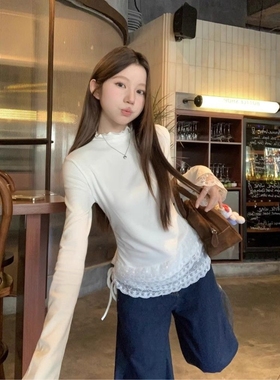 韩系纯欲小香风蕾丝边长袖t恤女秋冬别致绝美掐腰设计感内搭上衣