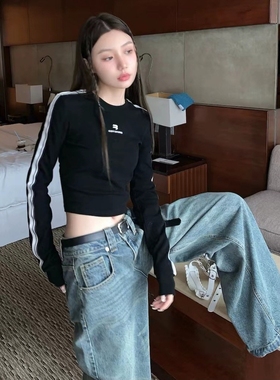 黑色辣妹设计感纯欲风短款长袖T恤小众打底衫女秋季内搭修身上衣