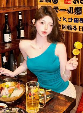 【优雅撩人】小个子辣妹斜肩吊带背心女夏季纯欲风性感短款上衣潮