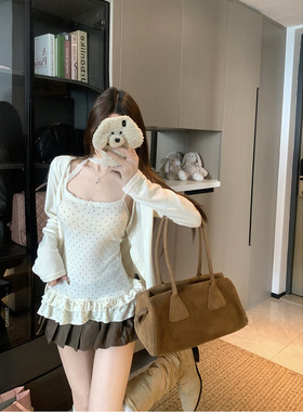 MR【人棉】蕾丝拼接波点荷叶边吊带针织开衫两件时尚套装女秋季穿