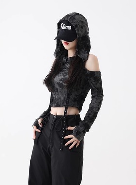 官图实价 废土风手工磨破连帽露肩长袖T恤女显瘦高腰个性短上衣