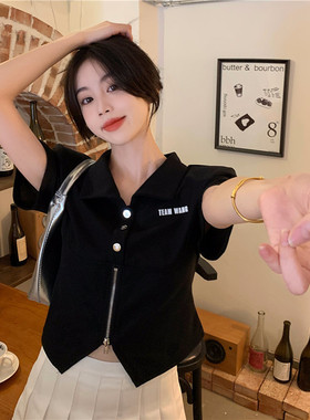 晨领短款polo领短袖t恤女设计感小众夏季新款不规则辣妹显瘦上衣