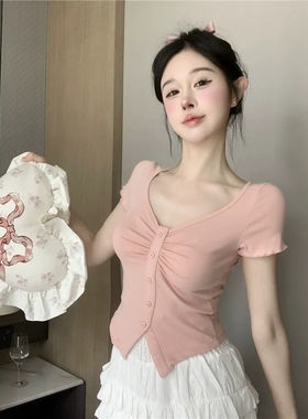 短款修身一字肩褶皱不规则短袖上衣女装夏季黑色辣妹美式紧身t恤