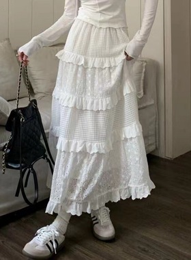 【原版尺寸】白色半身裙女早春高腰a字裙蛋糕裙温柔风长裙钩花裙