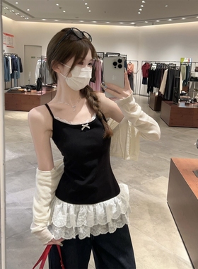 miu系白色蕾丝花边下摆吊带背心女春夏新款蝴蝶结叠穿内搭小上衣