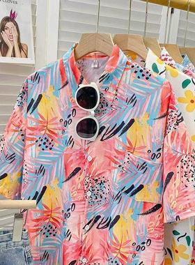 polo领短袖花衬衫女春季2025新款复古港味设计感小众宽松开衫上衣