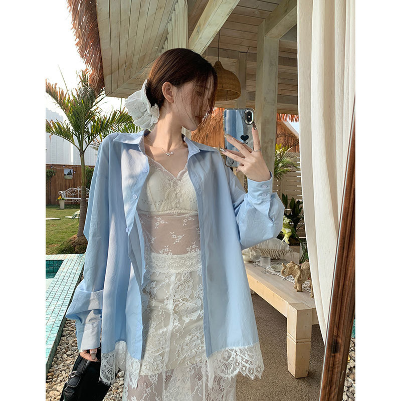 晨领法式夏季新款百搭polo领宽松衬衫纯欲风中长款长袖开衫上衣女