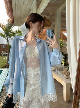 晨领法式夏季新款百搭polo领宽松衬衫纯欲风中长款长袖开衫上衣女