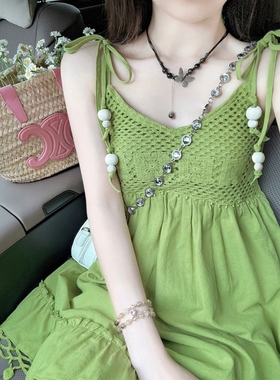 抖音品质 牛油果绿色流苏无袖吊带连衣裙女夏娃娃裙子多巴胺短裙