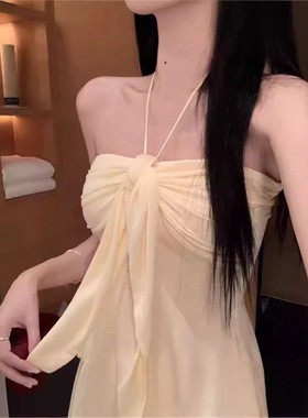 夏季蝴蝶结绑带性感抹胸辣妹露肩上衣法式纯欲挂脖吊带背心女