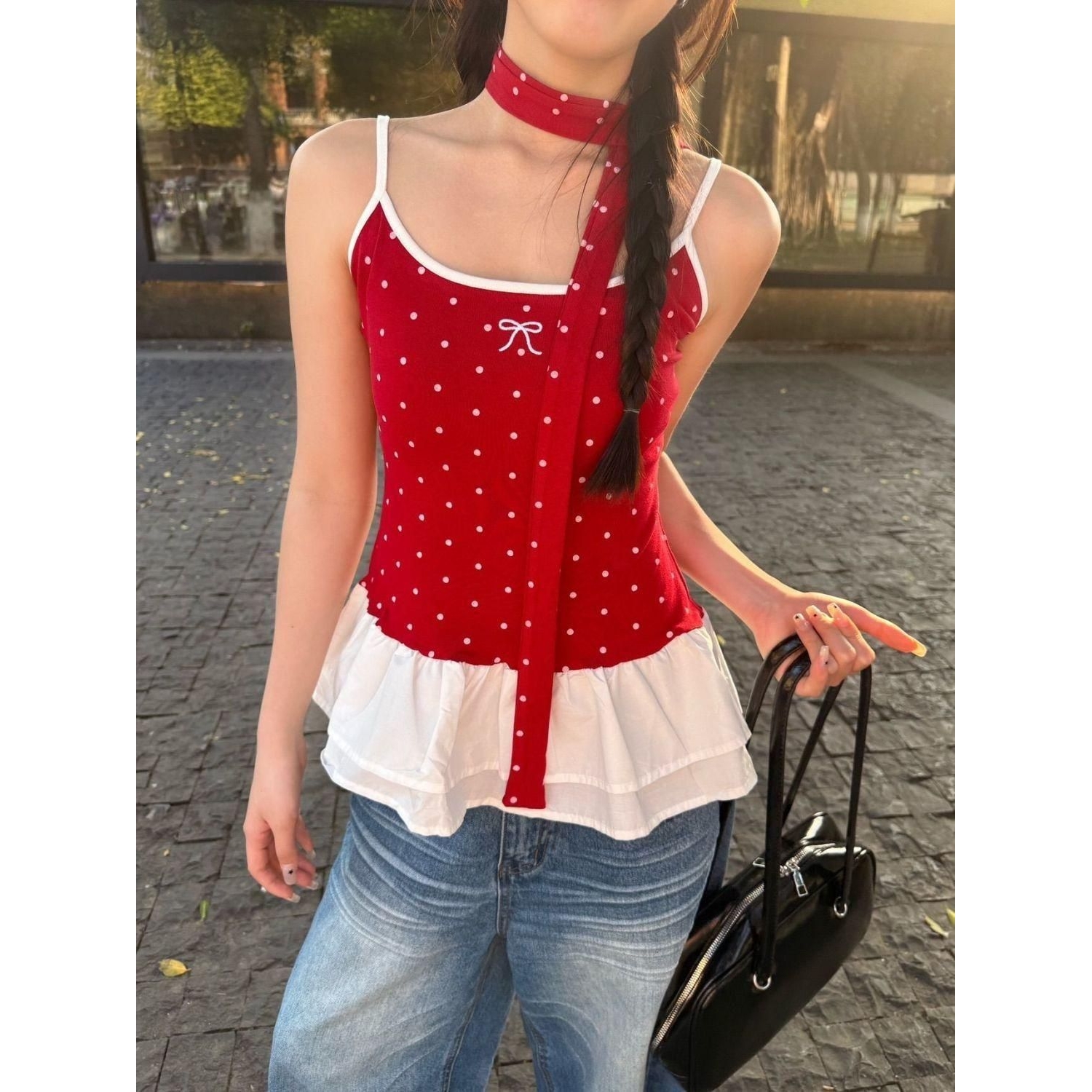 芭蕾风红色波点蝴蝶结吊带背心女装夏季设计感拼接荷叶边飘带上衣