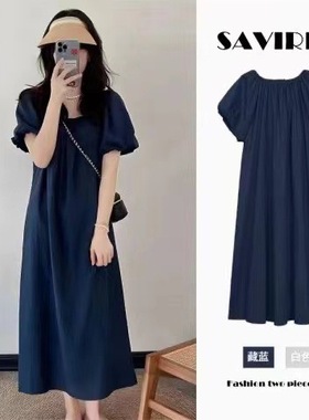 2024新款露肩法式连衣裙感夏季宽松吊带一字肩短袖绿色长裙女