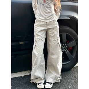 春秋季美式高街复古浅白色工装裤男女cleanfit宽松休闲廓形弯刀裤