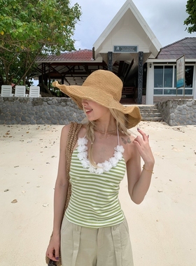 美式复古木耳边条纹绿色氛围感吊带背心女夏季甜辣风百搭休闲上衣