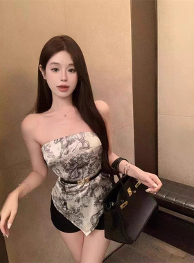 辣妹短款露背没腰带印花无袖抹胸背心女修身内搭不规则上衣外穿