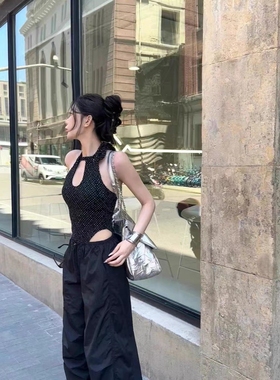 复古波点露背挂脖吊带小背心女夏季修身绑带内搭辣妹假连体上衣