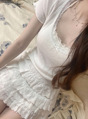 辣妹白色大领口u领蕾丝花边正肩短袖t恤女夏纯欲修身显瘦短款上衣