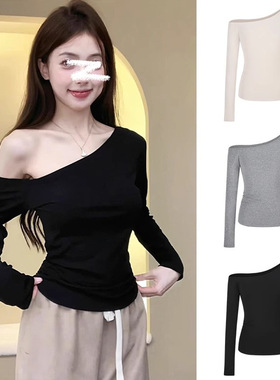 黑色斜领露肩长袖T恤女早秋新款辣妹掐腰修身显瘦小众别致上衣潮
