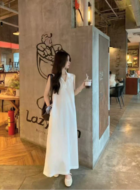 简约大方polo领无袖连衣裙女夏日常宽松气质背心裙松弛感白色长裙