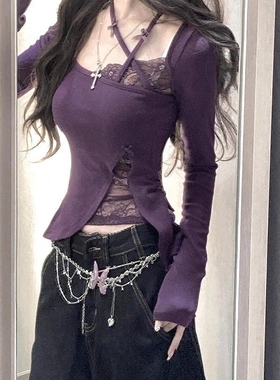 紫色性感紧身长袖T恤女秋季蕾丝拼接纯欲修身内搭打底衫短款上衣