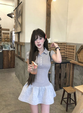 晨领灰色polo领短袖连衣裙女夏季修身收腰小个子辣妹显瘦a字裙子