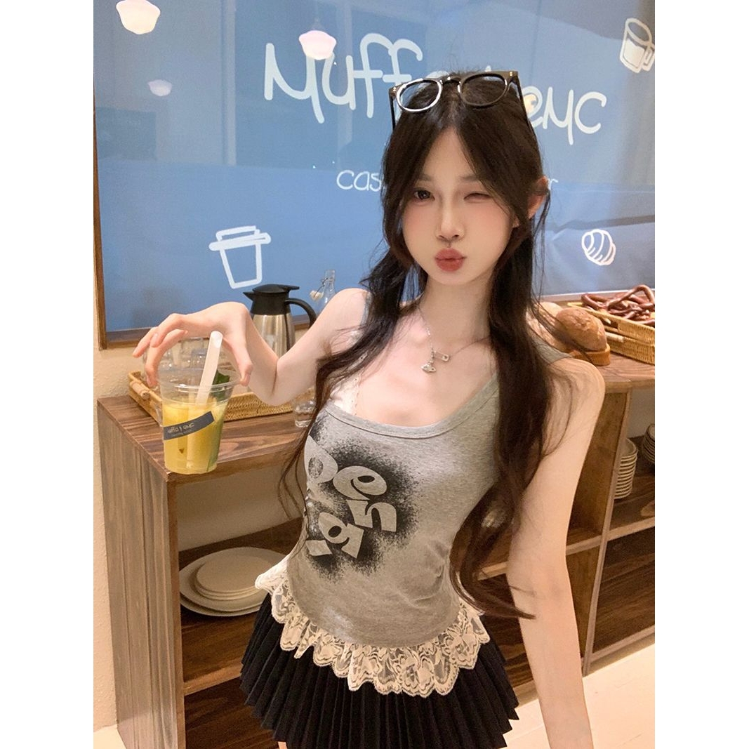 假两件斜肩蕾丝吊带背心女夏季美式热辣妹一字肩抹胸上衣泰式绝美
