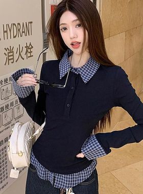 MR【莫代尔人棉】藏蓝polo领假两件打底衫女内搭设计感时尚修身上