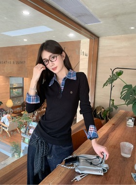 MR【已出货】小众假两件撞色格纹Polo领长袖毛衣针织衫女早秋