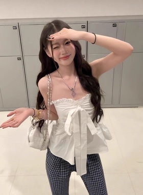 甜美风白色蝴蝶结绑带抹胸背心女夏季法式荷叶边别致收腰显瘦上衣