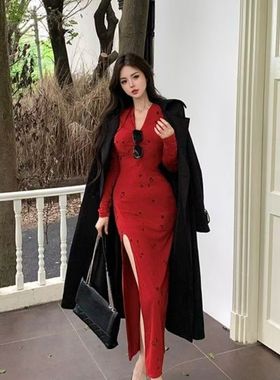 Olansh 纯欲风开叉印花气质红色连衣裙秋季御姐收腰修身长袖裙子