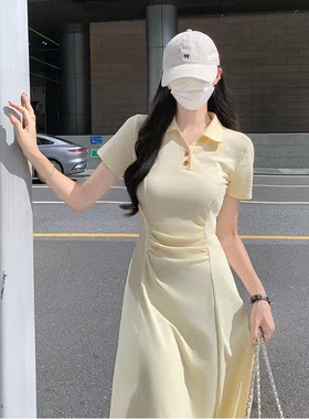 黄色Polo领气质短袖连衣裙夏季2025新款独特收腰a字百搭长裙子
