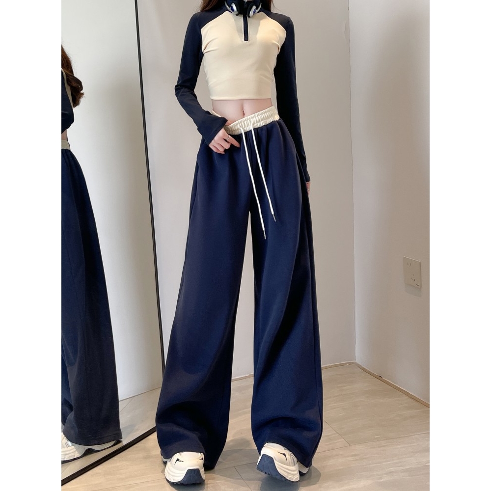 慵懒阔腿裤女春秋2025新款高腰宽松运动卫裤垂感撞色拖地休闲长裤