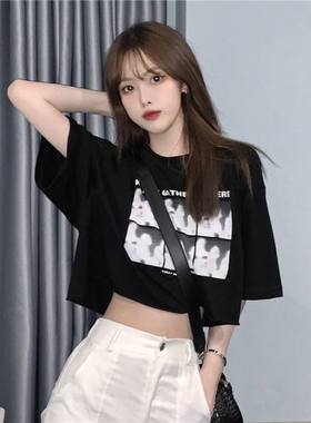 603#甜辣妹短袖T恤女装夏季2023新款设计感小众露脐短款上衣服潮