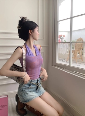 紫色设计感假两件挂脖针织吊带背心女装夏季外穿小众修身短款上衣