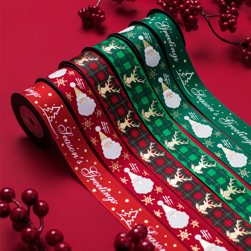 圣诞新年礼物烫金丝带平安夜礼品盒包装带绸带生日新年红绿格子色装饰手工蝴蝶结绑带螺纹带