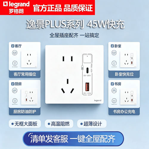 罗格朗开关插座逸景PLUS系列5五孔USB快充A+C多孔45W家用86型家用