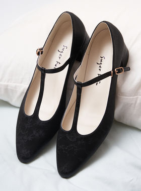 SugerFuFu原创设计 手工制作 竹子暗纹绸缎T字带粗跟杏仁头玛丽珍