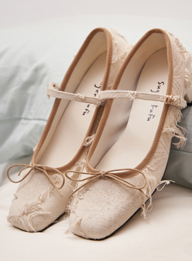 SugerFuFu原创设计 手工制作 毛边粗布米白方头绑带粗跟玛丽珍