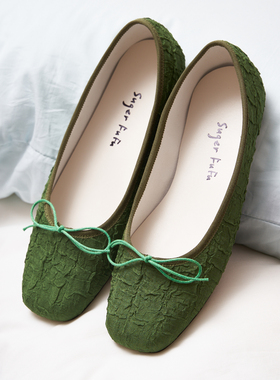 SugerFuFu原创设计 手工制作绿色格子泡泡方头平底蝴蝶结芭蕾鞋